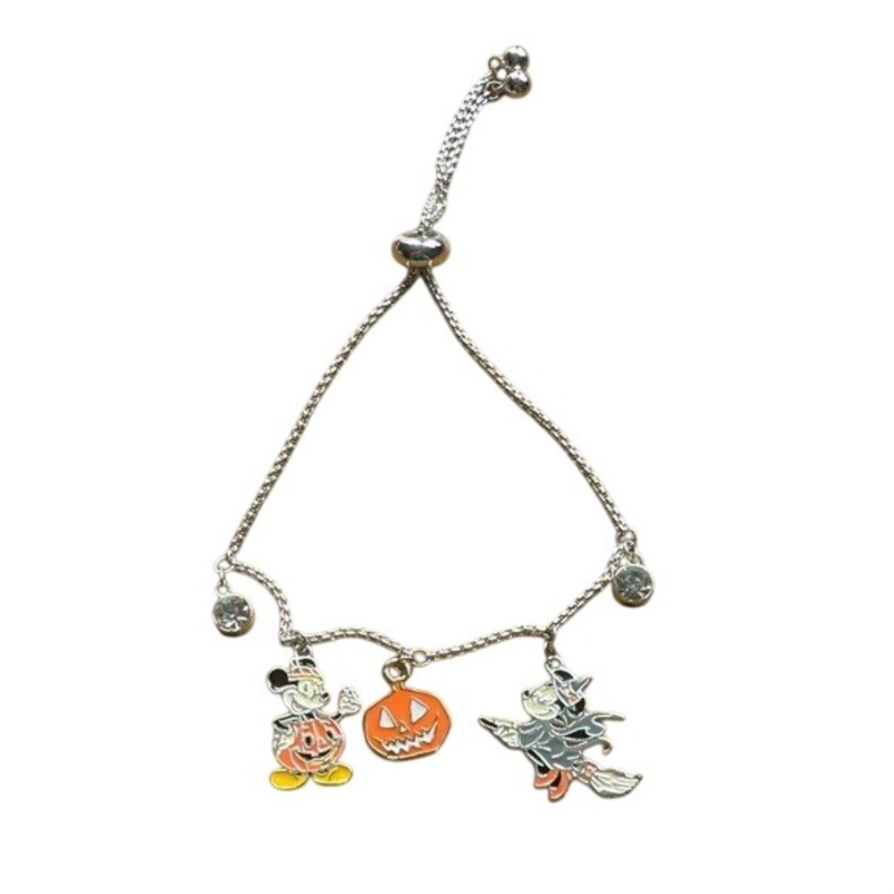 Disney Halloween Mickey Minnie Mouse‎ Pumpkin Witch Charm Bolo Bracelet Silver